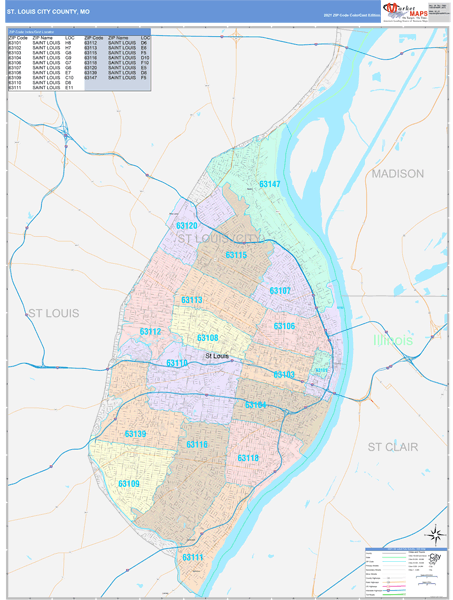 St. Louis City County, MO Wall Map Color Cast Style